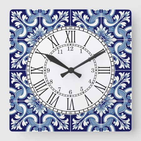 Portuguese Blue Tile Square Wall Clock