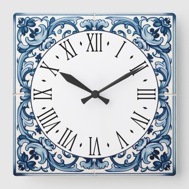 Portuguese blue tile square wall clock (Front)