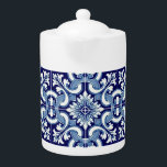 Portuguese blue tile teapot<br><div class="desc">This product has an intricate design with a dark blue background and white ornamental patterns. The design is reminiscent of traditional ceramic or porcelain styles,  which may interest those who appreciate classic or vintage aesthetics.</div>