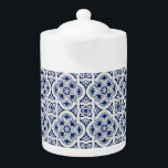 Portuguese blue tile teapot<br><div class="desc">This product has an intricate design with a dark blue background and white ornamental patterns. The design is reminiscent of traditional ceramic or porcelain styles,  which may interest those who appreciate classic or vintage aesthetics.</div>