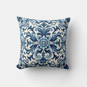 Portuguese blue tile throw pillow