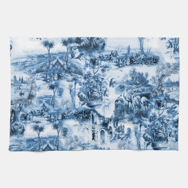 Portuguese blue tiles romantic scene pattern kitchen towel (Horizontal)
