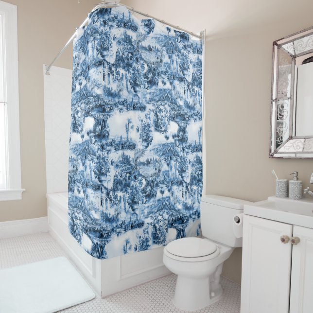 Portuguese blue tiles romantic scene pattern shower curtain (In Situ)