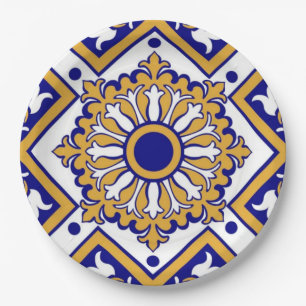Portuguese Blue Yellow Mediterranean Floral  Paper Plates