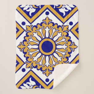 Portuguese Blue Yellow Mediterranean Floral Sherpa Blanket