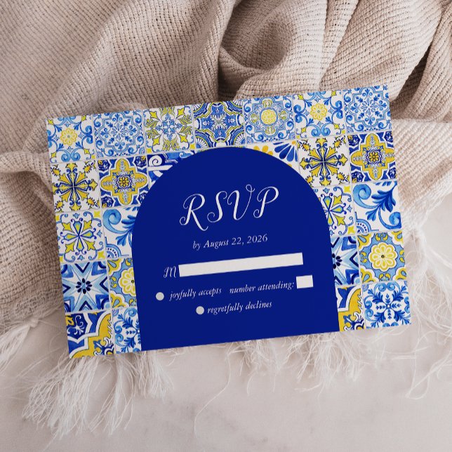 Portuguese Blue Yellow White Tiles Arch Wedding RSVP Card (Creator Uploaded)