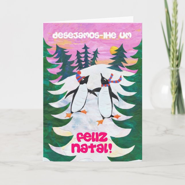 Portuguese Christmas Card - Skating Penguins (Front)