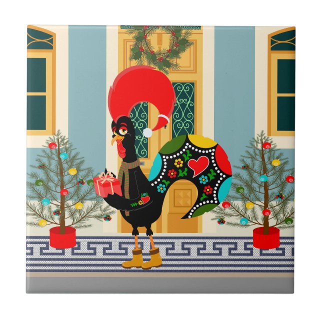 Portuguese Christmas decorated house with Rooster  Ceramic Tile (Front)