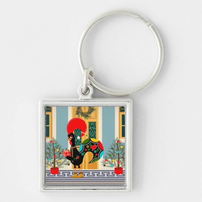 Portuguese Christmas decorated house with Rooster  Keychain (Front)