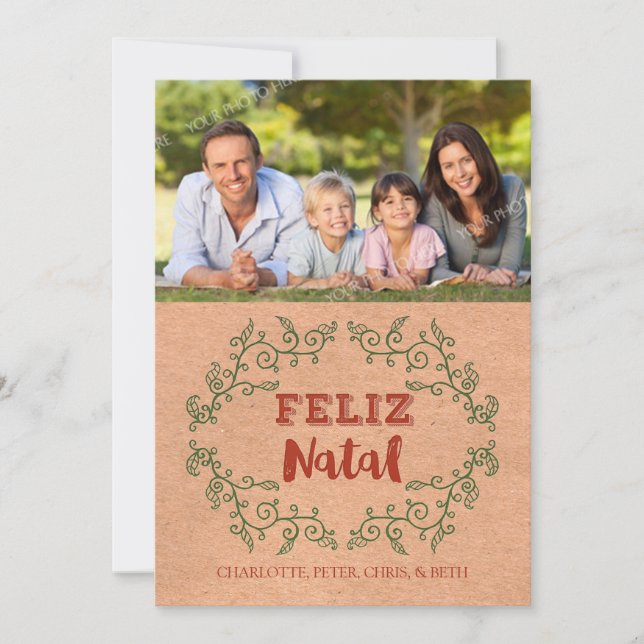 Portuguese Christmas Photo Card Kraft Paper Wreath (Front)