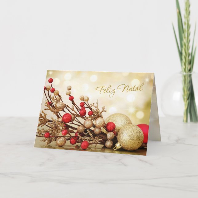 Portuguese Christmas - Red and gold baubles Holiday Card (Front)