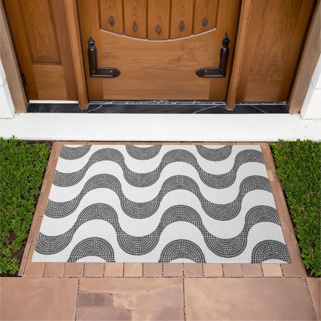 Portuguese cobblestone black and white waves  doormat (Outdoor)