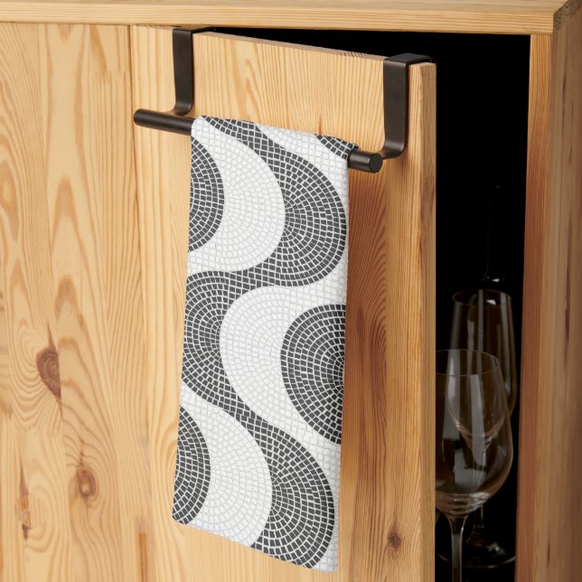 Portuguese cobblestone black and white waves  kitchen towel (Thirds Fold)