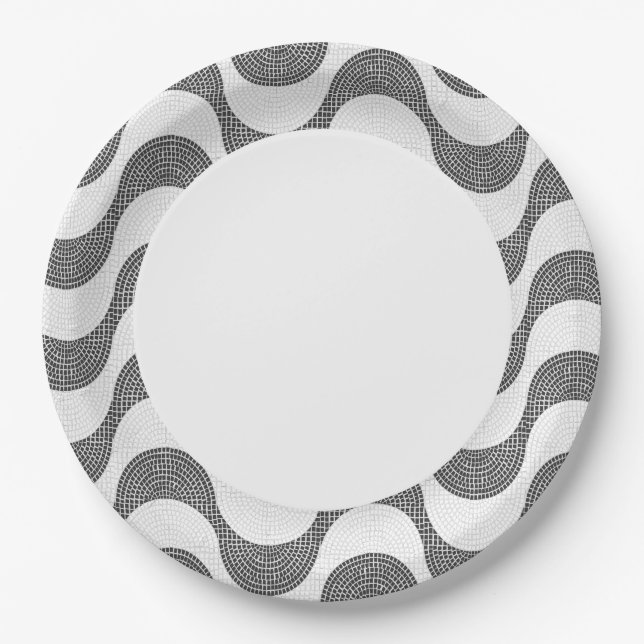 Portuguese cobblestone black and white waves  paper plates (Front)