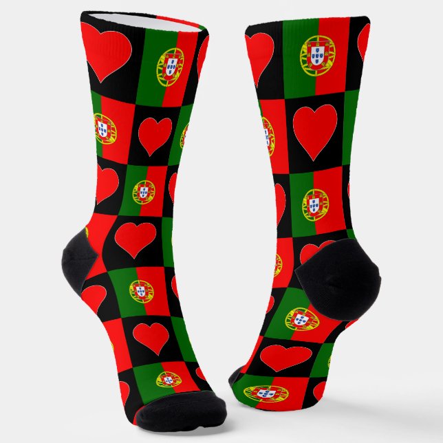 Portuguese Flag Heart Pattern Fun Portugal Pride Socks (Angled)