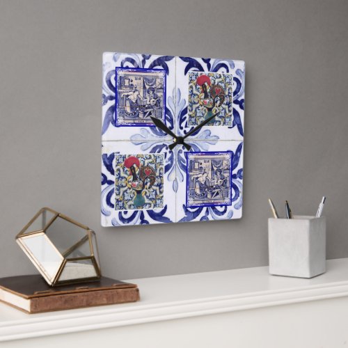 Portuguese folk art design square wall clock