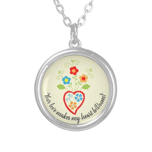 Portuguese folk romantic heart  in bloom silver plated necklace (Front)