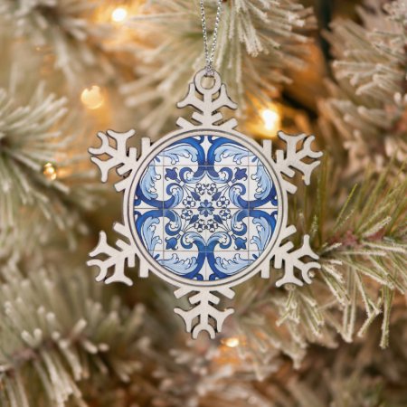 Portuguese Glazed Tiles Snowflake Pewter Christmas Ornament