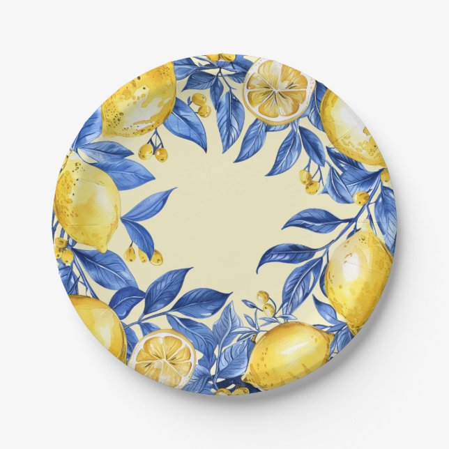 Portuguese Lemons on Blue Paper Plates (Front)