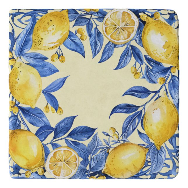 Portuguese Lemons on Blue Trivet (Front)