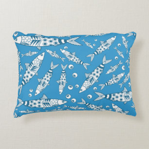 Portuguese Lisbon Sardines Pattern Azulejos Blue Accent Pillow