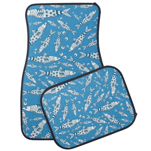 Portuguese Lisbon Sardines Pattern Azulejos Blue Car Floor Mat (Set)