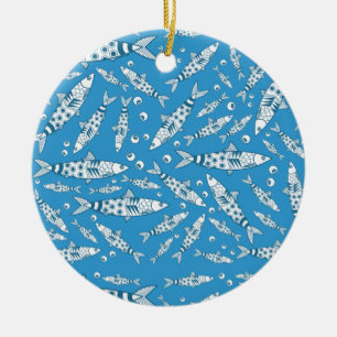 Portuguese Lisbon Sardines Pattern Azulejos Blue Ceramic Ornament