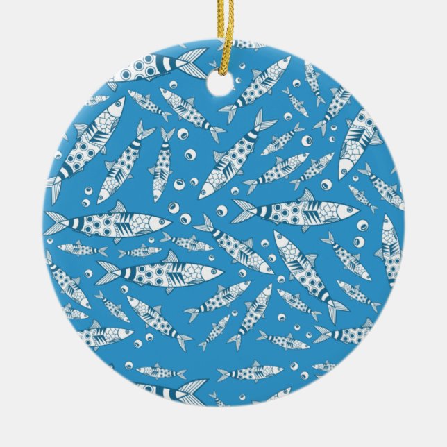 Portuguese Lisbon Sardines Pattern Azulejos Blue Ceramic Ornament (Front)