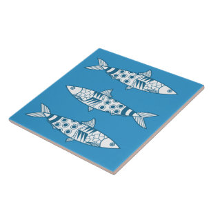 Portuguese Lisbon Sardines Pattern Azulejos Blue Ceramic Tile