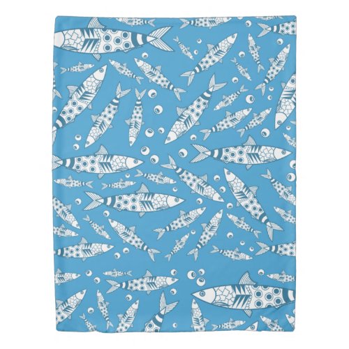 Portuguese Lisbon Sardines Pattern Azulejos Blue Duvet Cover