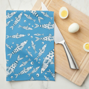 Portuguese Lisbon Sardines Pattern Azulejos Blue Kitchen Towel