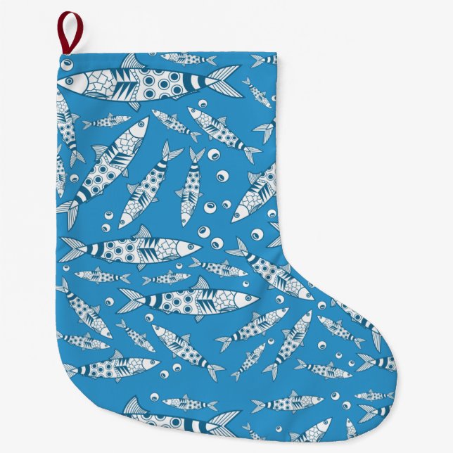 Portuguese Lisbon Sardines Pattern Azulejos Blue Large Christmas Stocking (Front)