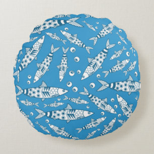 Portuguese Lisbon Sardines Pattern Azulejos Blue Round Pillow