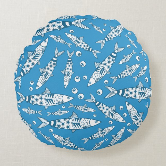 Portuguese Lisbon Sardines Pattern Azulejos Blue Round Pillow (Front)