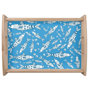 Portuguese Lisbon Sardines Pattern Azulejos Blue Serving Tray