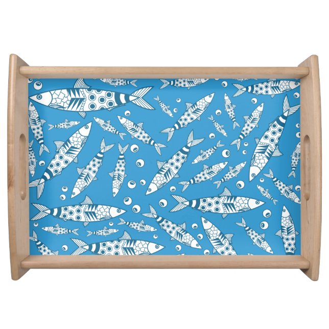 Portuguese Lisbon Sardines Pattern Azulejos Blue Serving Tray (Front)
