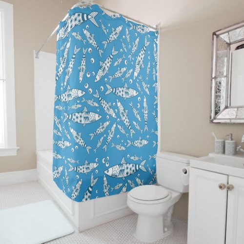 Portuguese Lisbon Sardines Pattern Azulejos Blue Shower Curtain