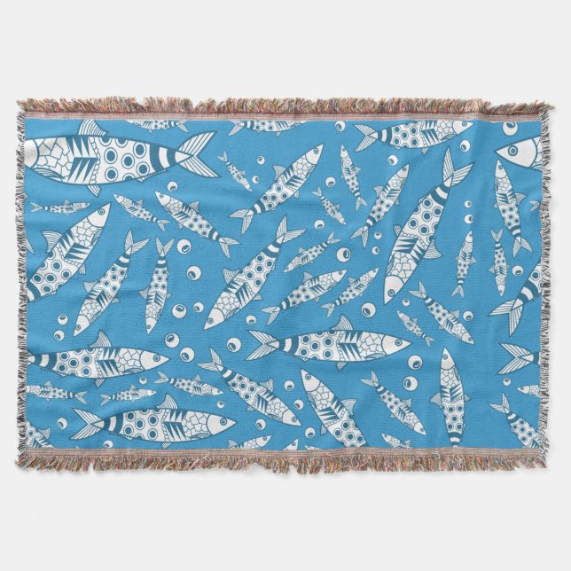 Portuguese Lisbon Sardines Pattern Azulejos Blue Throw Blanket (Front)