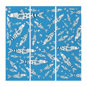 Portuguese Lisbon Sardines Pattern Azulejos Blue Triptych