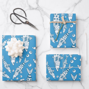 Portuguese Lisbon Sardines Pattern Azulejos Blue Wrapping Paper Sheets