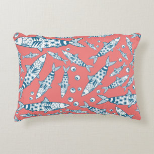 Portuguese Lisbon Sardines Pattern Azulejos Pink Accent Pillow
