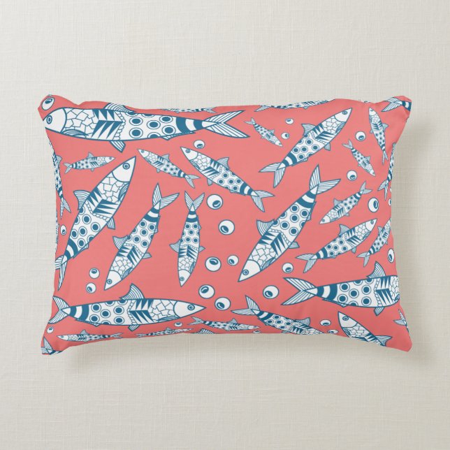 Portuguese Lisbon Sardines Pattern Azulejos Pink Accent Pillow (Front)