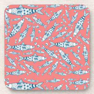Portuguese Lisbon Sardines Pattern Azulejos Pink Beverage Coaster