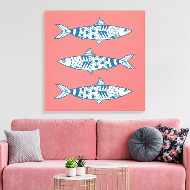 Portuguese Lisbon Sardines Pattern Azulejos Pink Canvas Print (Insitu(LivingRoom))
