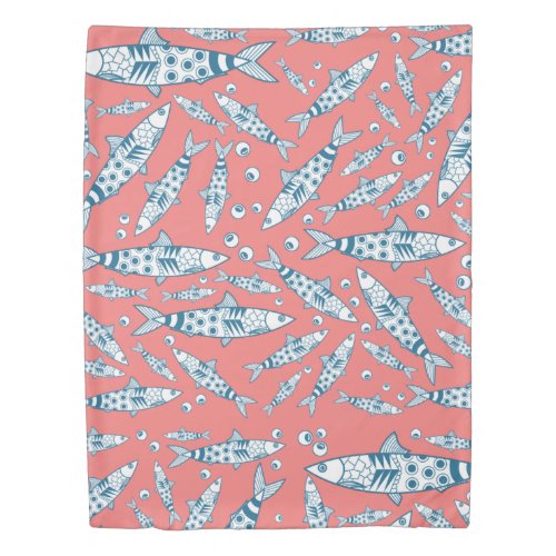 Portuguese Lisbon Sardines Pattern Azulejos Pink Duvet Cover