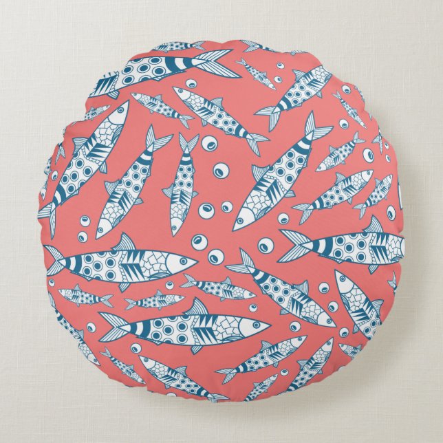 Portuguese Lisbon Sardines Pattern Azulejos Pink Round Pillow (Front)