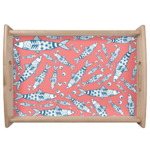 Portuguese Lisbon Sardines Pattern Azulejos Pink Serving Tray