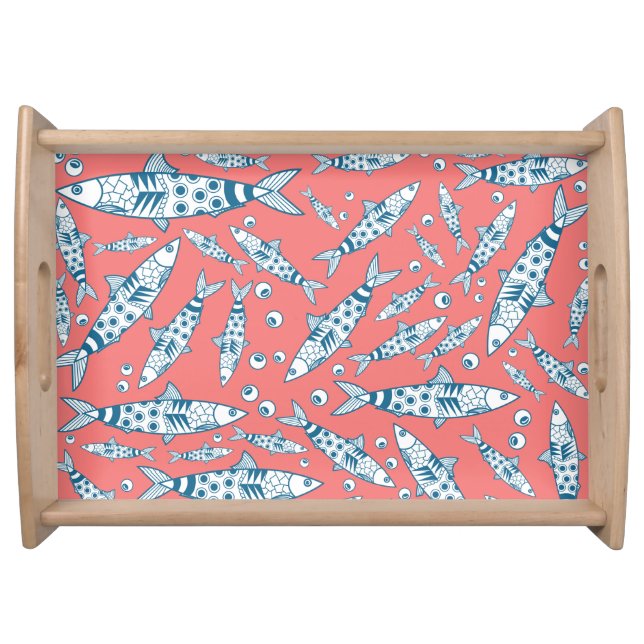 Portuguese Lisbon Sardines Pattern Azulejos Pink Serving Tray (Front)