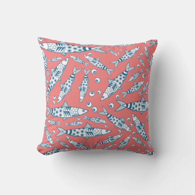 Portuguese Lisbon Sardines Pattern Azulejos Pink Throw Pillow (Front)