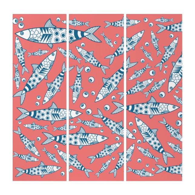 Portuguese Lisbon Sardines Pattern Azulejos Pink Triptych (Front)